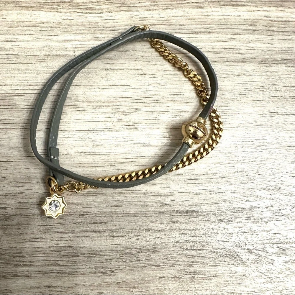 Foxy Gray Leather Wrap Bracelet Gold Charm Magnetic Closure